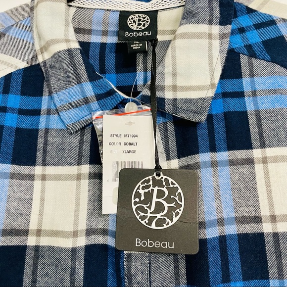 Bobeau Cobalt Plaid Flannel Long Sleeve Shirt with Chiffon - Picture 6 of 8